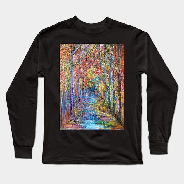 Rainy Woodland Path Long Sleeve T-Shirt by Merlinsmates